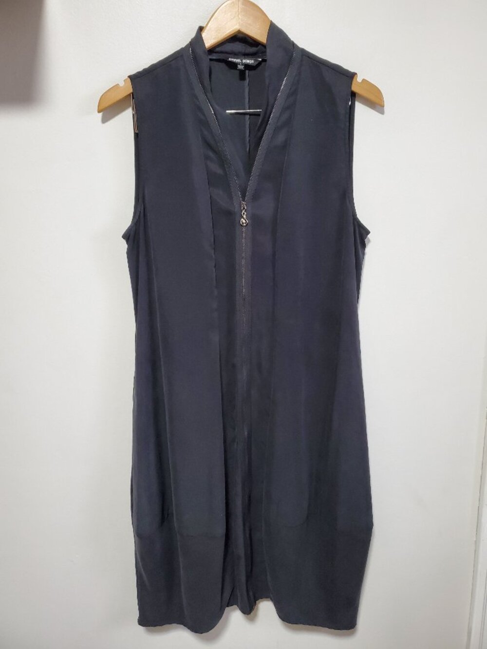 SAMUEL DONG Zip Front Midi Dress Black Large Sleeveless Lagenlook Balloon Hem
